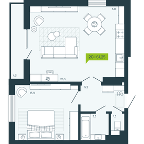 Квартира 61,3 м², 2-комнатная - изображение 1