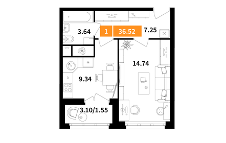 Квартира 36,5 м², 1-комнатная - изображение 1