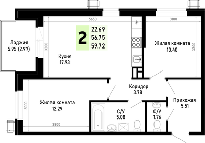 Квартира 59,7 м², 2-комнатная - изображение 1