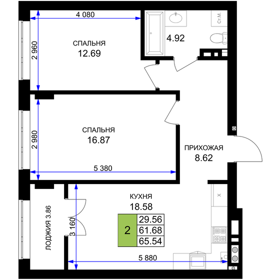 52,4 м², 2-комнатная квартира 10 857 280 ₽ - изображение 29