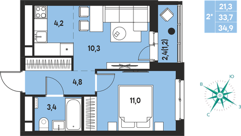 Квартира 34,9 м², 2-комнатная - изображение 1