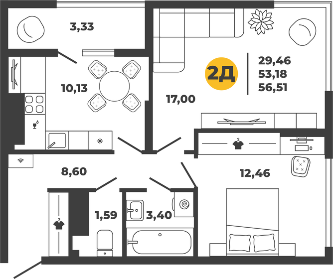 54,9 м², 2-комнатная квартира 6 390 025 ₽ - изображение 1