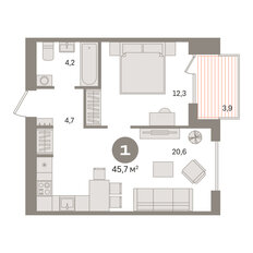 Квартира 45,7 м², 1-комнатная - изображение 3