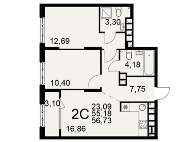 Квартира 56,7 м², 2-комнатная - изображение 1