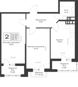Квартира 62,4 м², 2-комнатная - изображение 1