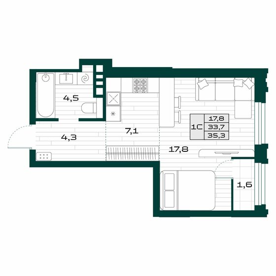 33,7 м², квартира-студия 5 590 000 ₽ - изображение 1