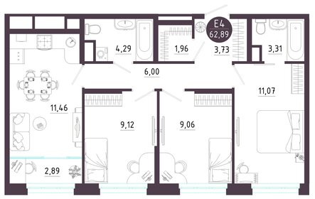 Квартира 62,9 м², 3-комнатная - изображение 1