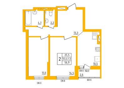 Квартира 57,5 м², 2-комнатная - изображение 1