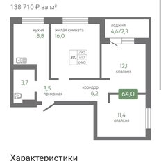 Квартира 64 м², 3-комнатная - изображение 3