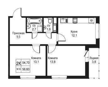 Квартира 54,7 м², 2-комнатная - изображение 1