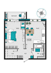 Квартира 43,6 м², 1-комнатная - изображение 1