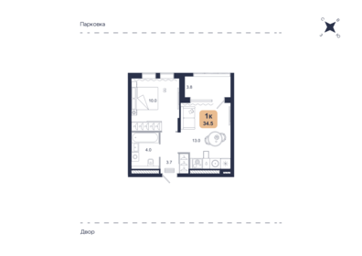 Квартира 34,5 м², 1-комнатная - изображение 1