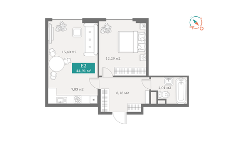 Квартира 44,9 м², 2-комнатная - изображение 1