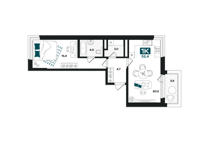 Квартира 52,4 м², 1-комнатная - изображение 1