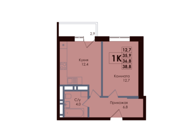 Квартира 36,8 м², 1-комнатная - изображение 1