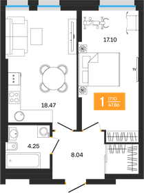 Квартира 47,9 м², 1-комнатная - изображение 1