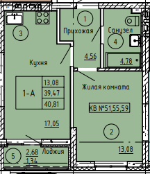 Квартира 41 м², 1-комнатная - изображение 1