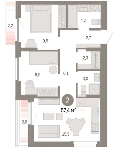 58,6 м², 2-комнатная квартира 8 800 000 ₽ - изображение 74