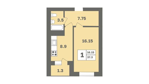 Квартира 37,3 м², 1-комнатная - изображение 1