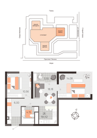 Квартира 56,5 м², 2-комнатная - изображение 1