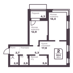 Квартира 66,4 м², 2-комнатная - изображение 1