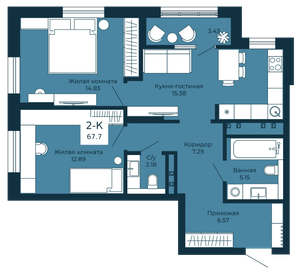 Квартира 67,7 м², 2-комнатная - изображение 2