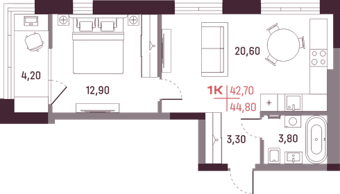 Квартира 42,7 м², 1-комнатная - изображение 1