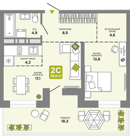 Квартира 58,6 м², 2-комнатная - изображение 1