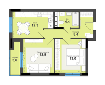 Квартира 54,6 м², 2-комнатная - изображение 1