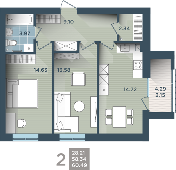 61,2 м², 2-комнатная квартира 9 112 840 ₽ - изображение 58