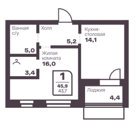 Квартира 43,7 м², 1-комнатная - изображение 1