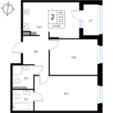 Квартира 57,3 м², 2-комнатная - изображение 2