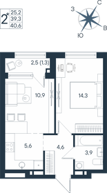 Квартира 40,6 м², 2-комнатная - изображение 1