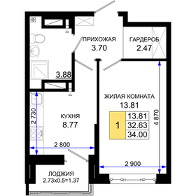 Квартира 34 м², 1-комнатная - изображение 1