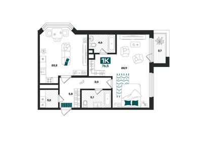 Квартира 76,5 м², 1-комнатная - изображение 1