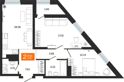 Квартира 67,3 м², 2-комнатная - изображение 1