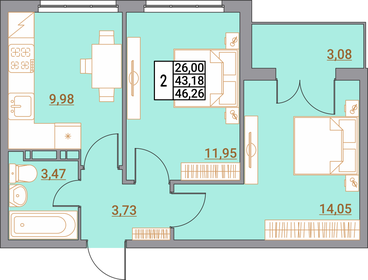 Квартира 46,3 м², 2-комнатная - изображение 1