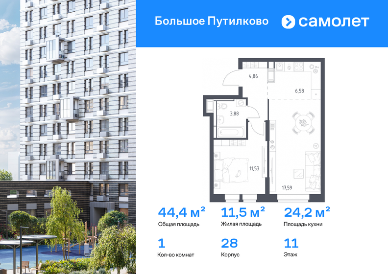 44,4 м², 1-комнатная квартира 10 062 727 ₽ - изображение 48