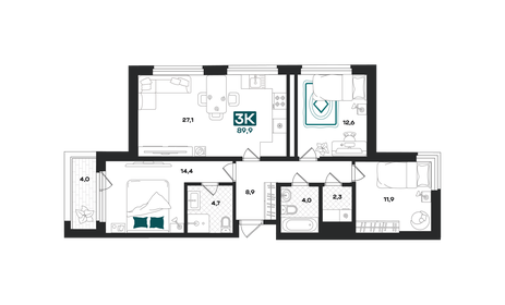 Квартира 89,9 м², 3-комнатная - изображение 1