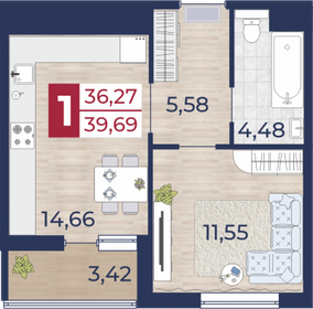 Квартира 36,3 м², 1-комнатная - изображение 1