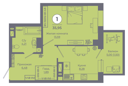 Квартира 36,3 м², 1-комнатная - изображение 2