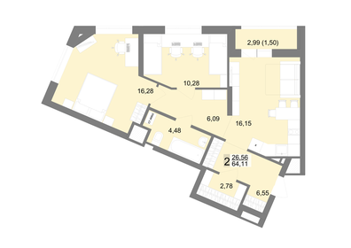 Квартира 64,1 м², 2-комнатная - изображение 1