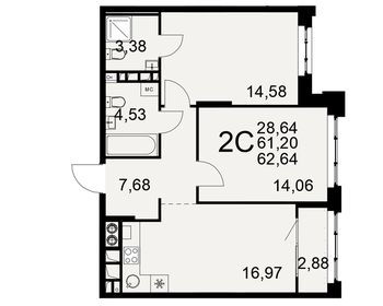 Квартира 62,6 м², 2-комнатная - изображение 1