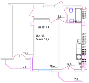 Квартира 63,1 м², 2-комнатная - изображение 1
