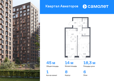 Квартира 45 м², 1-комнатная - изображение 1