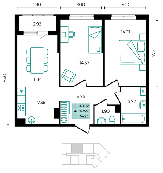 64,3 м², 3-комнатная квартира 8 352 500 ₽ - изображение 59