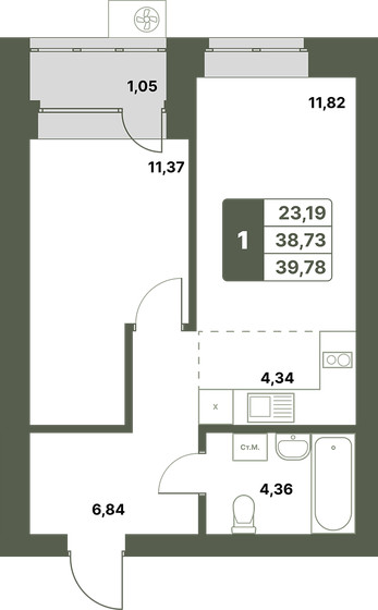 39,8 м², 1-комнатная квартира 4 533 780 ₽ - изображение 23