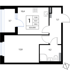 Квартира 34,4 м², 1-комнатная - изображение 2