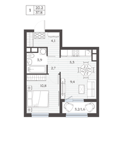 Квартира 37,8 м², 2-комнатная - изображение 1