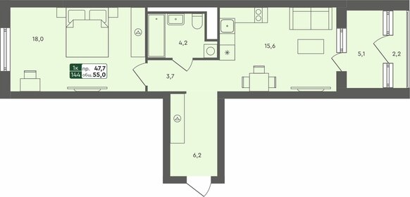 Квартира 55 м², 1-комнатная - изображение 1